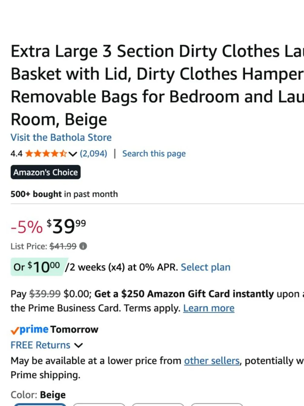Large 3 Section Laundry Basket